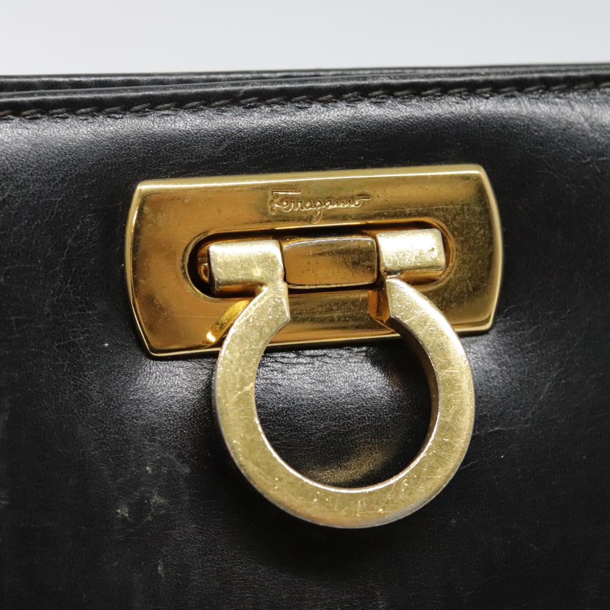 Salvatore Ferragamo Gancini Chain Shoulder Bag Leather Black Gold Auth 91619