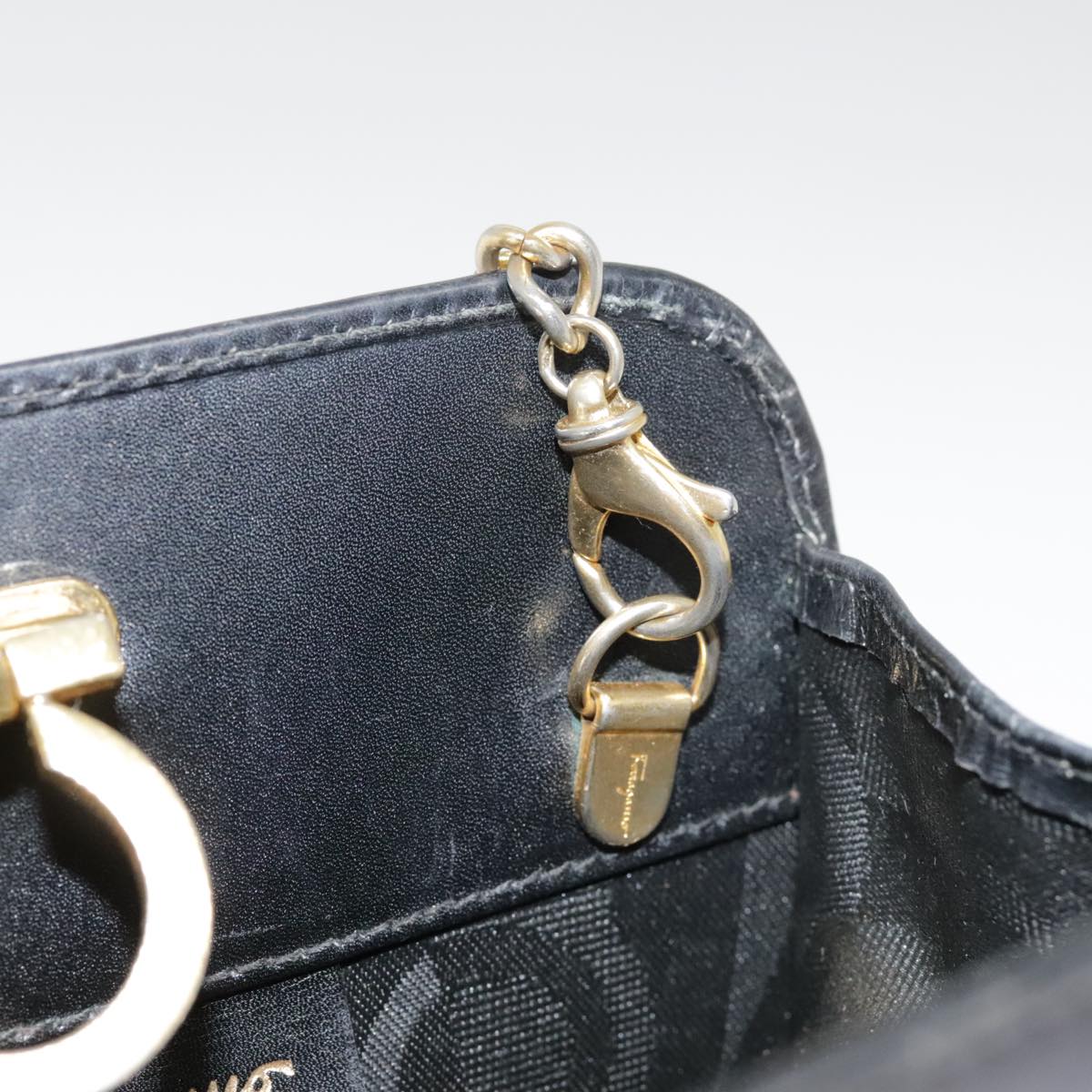 Salvatore Ferragamo Gancini Chain Shoulder Bag Leather Black Gold Auth 91619