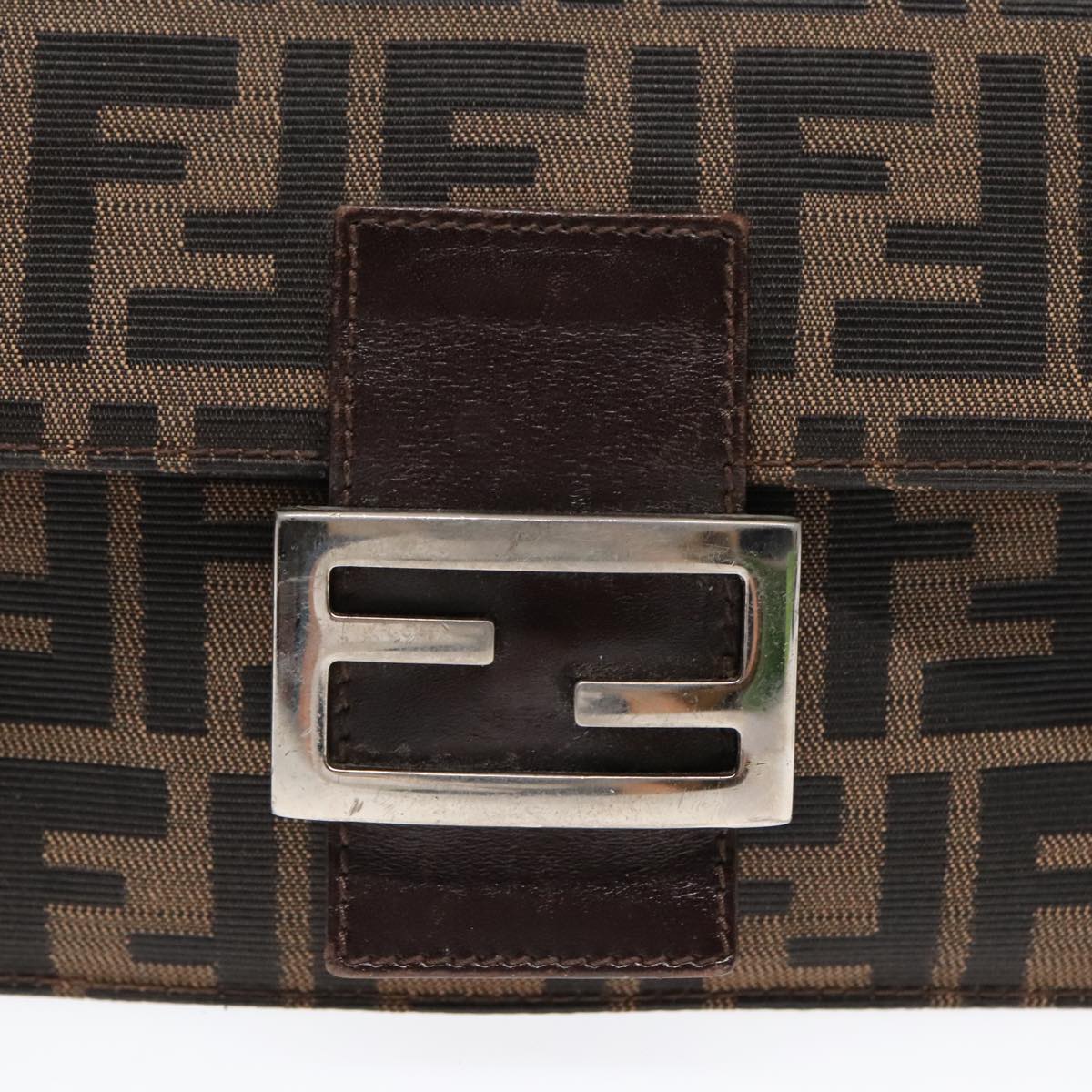 FENDI Zucca Canvas Clutch Bag Brown Black Silver Auth 91625