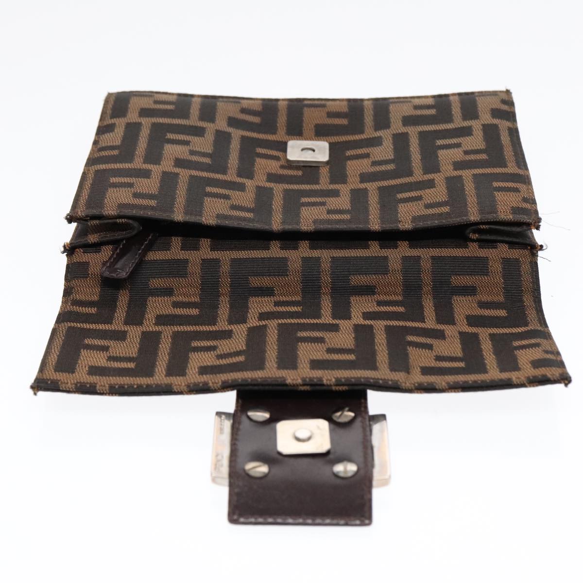 FENDI Zucca Canvas Clutch Bag Brown Black Silver Auth 91625