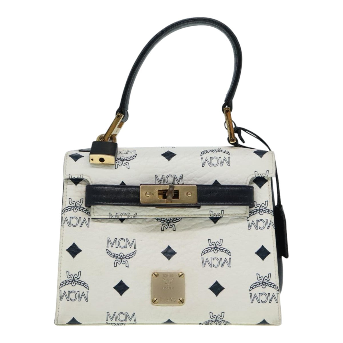 MCM Vicetos Logogram Hand Bag PVC Leather 2way White Navy gold Auth 91627 - 0