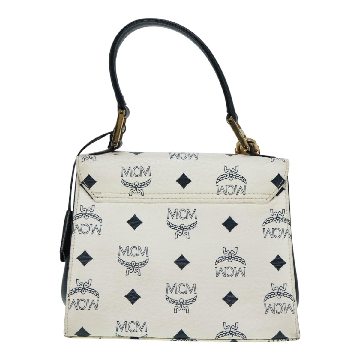 MCM Vicetos Logogram Hand Bag PVC Leather 2way White Navy gold Auth 91627