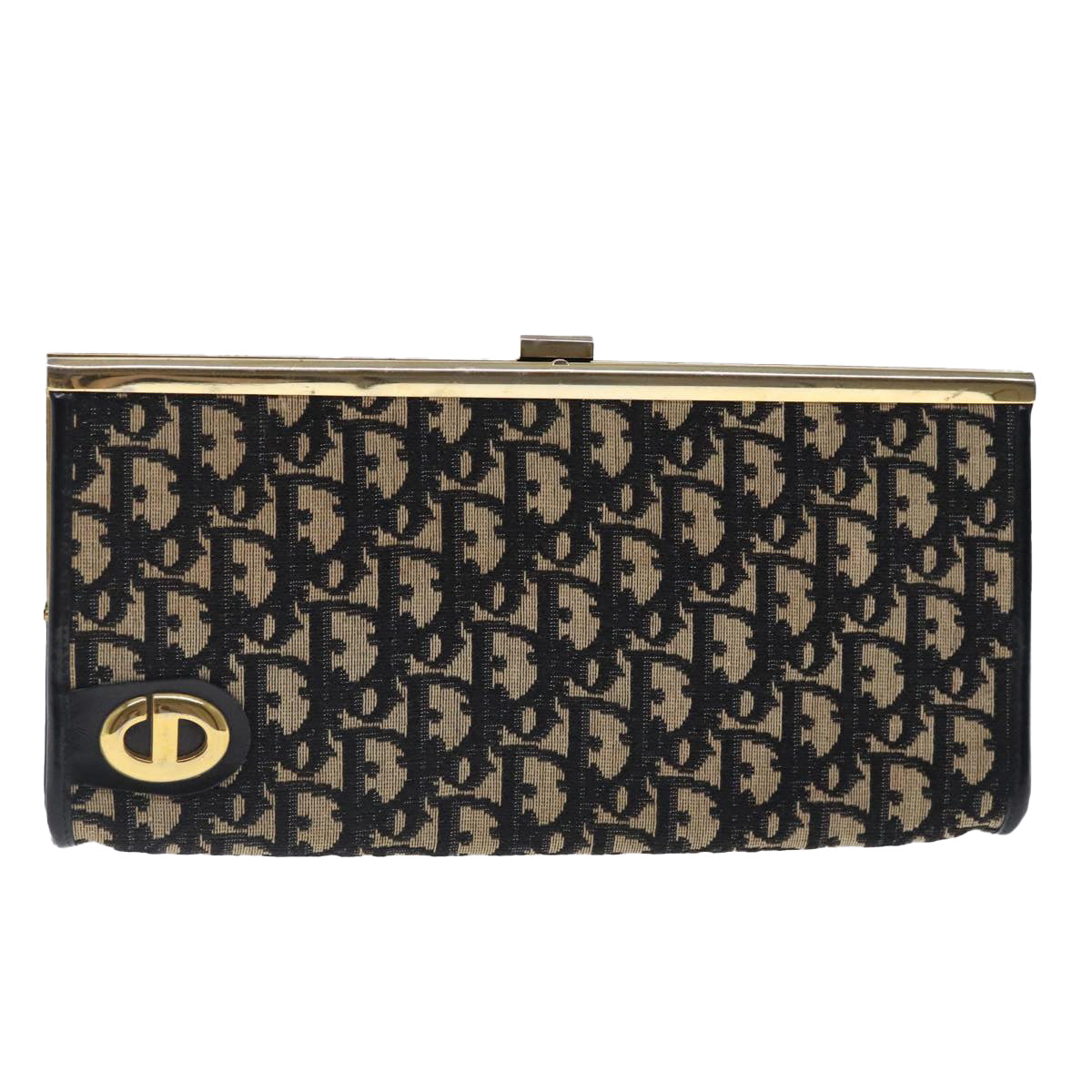 Christian Dior Trotter Canvas Clutch Bag Navy Gold Auth 91633