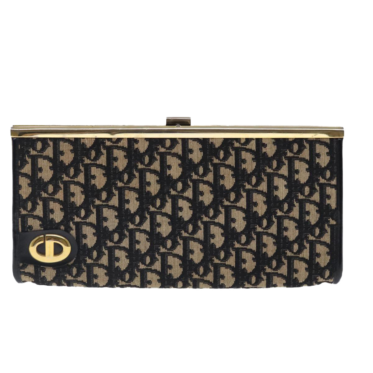 Christian Dior Trotter Canvas Clutch Bag Navy Gold Auth 91633