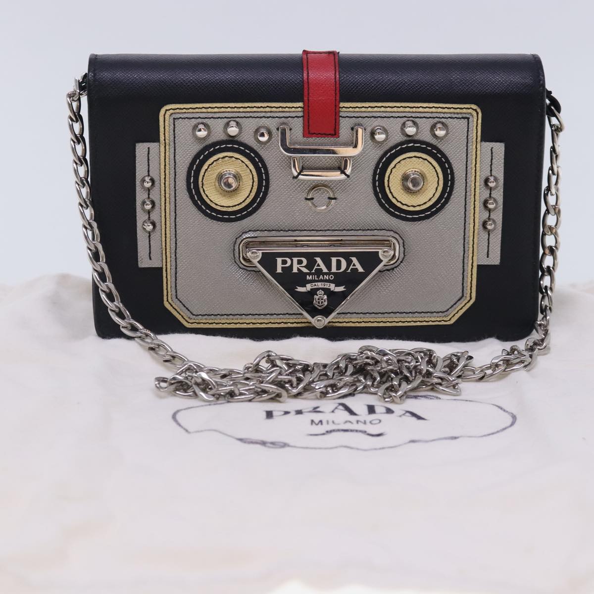 PRADA Chain Shoulder Bag Safiano leather Black Silver Auth 91725