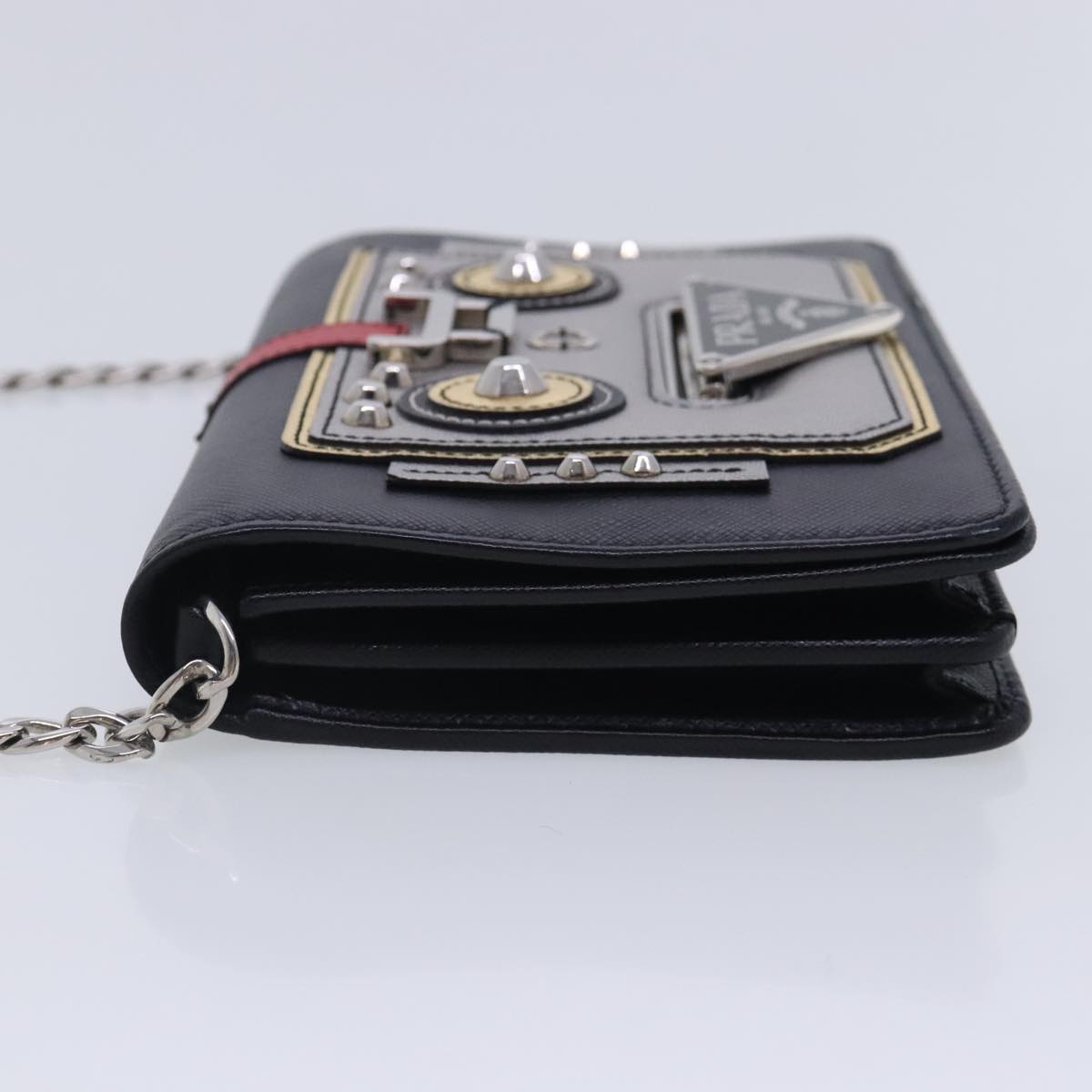 PRADA Chain Shoulder Bag Safiano leather Black Silver Auth 91725