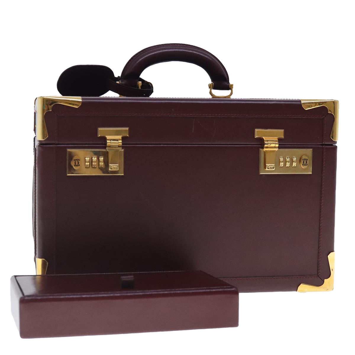 CARTIER Makeup Box Cosmetic Pouch Leather Bordeaux Gold Auth 91744