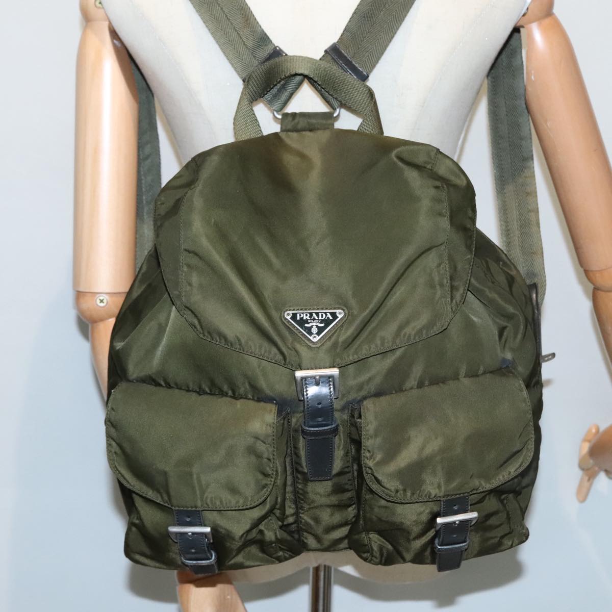 PRADA Backpack Nylon Khaki Silver Auth 91759