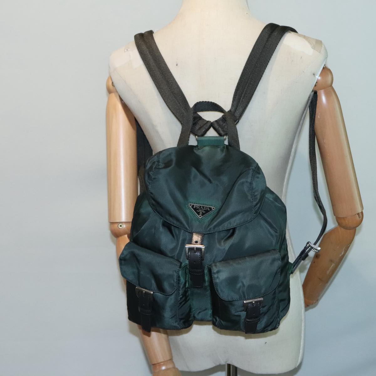 PRADA Backpack Nylon Green Silver Auth 91766