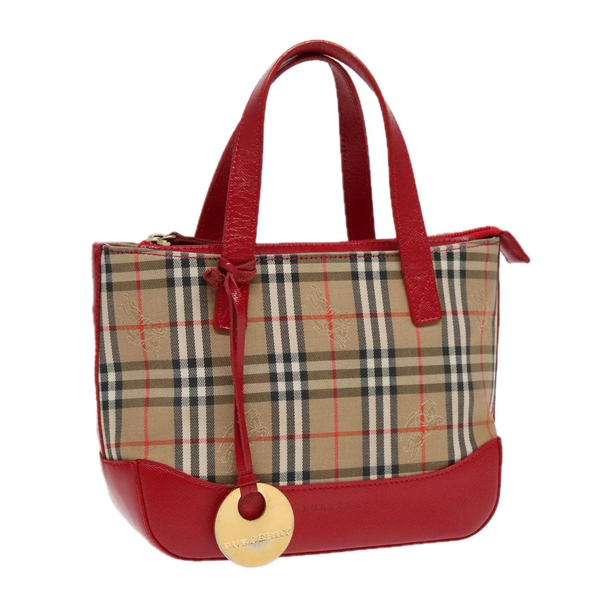 BURBERRY Nova Check Hand Bag Canvas Leather Beige Red gold Auth 91808