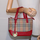 BURBERRY Nova Check Hand Bag Canvas Leather Beige Red gold Auth 91808-23