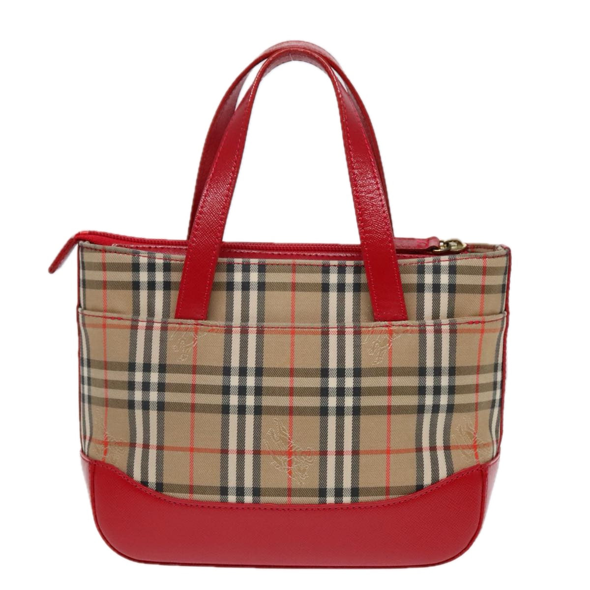 BURBERRY Nova Check Hand Bag Canvas Leather Beige Red gold Auth 91808 - 0