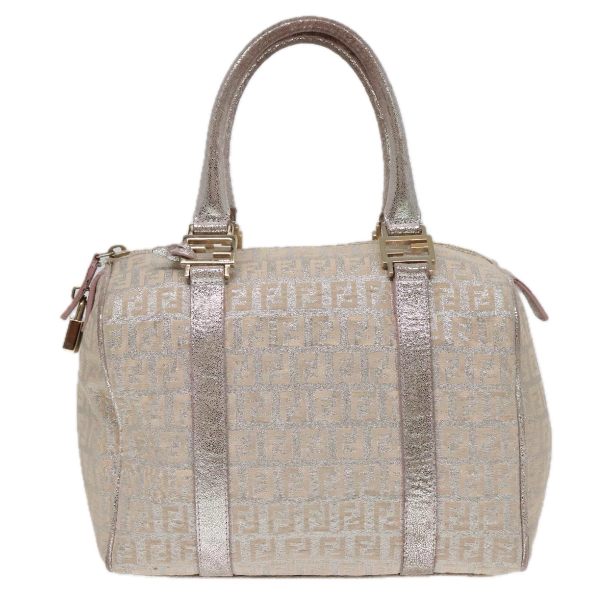 FENDI Zucchino Canvas Boston Bag Silver Beige Auth 91810