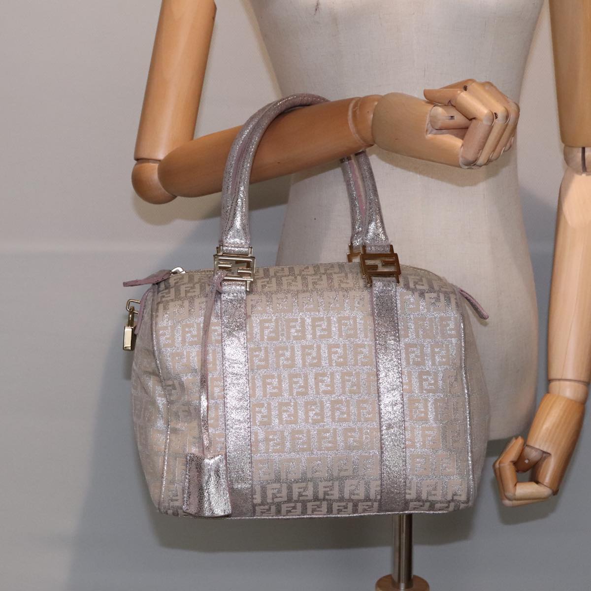 FENDI Zucchino Canvas Boston Bag Silver Beige Auth 91810