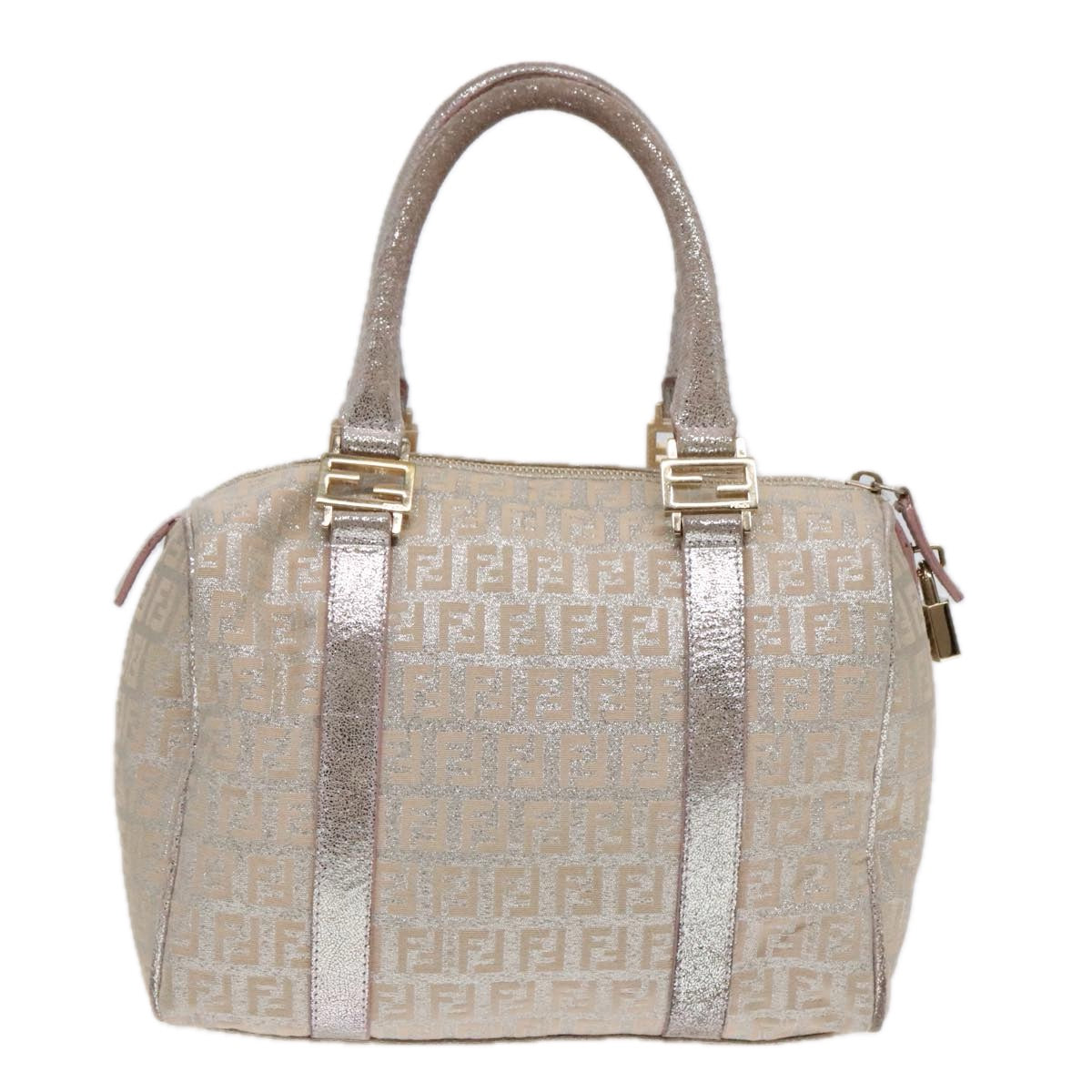 FENDI Zucchino Canvas Boston Bag Silver Beige Auth 91810 - 0