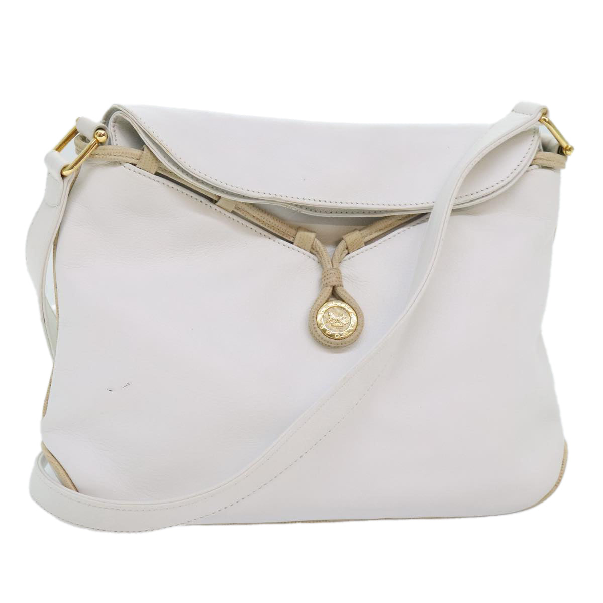 CELINE Shoulder Bag Leather White Beige gold Auth 91813