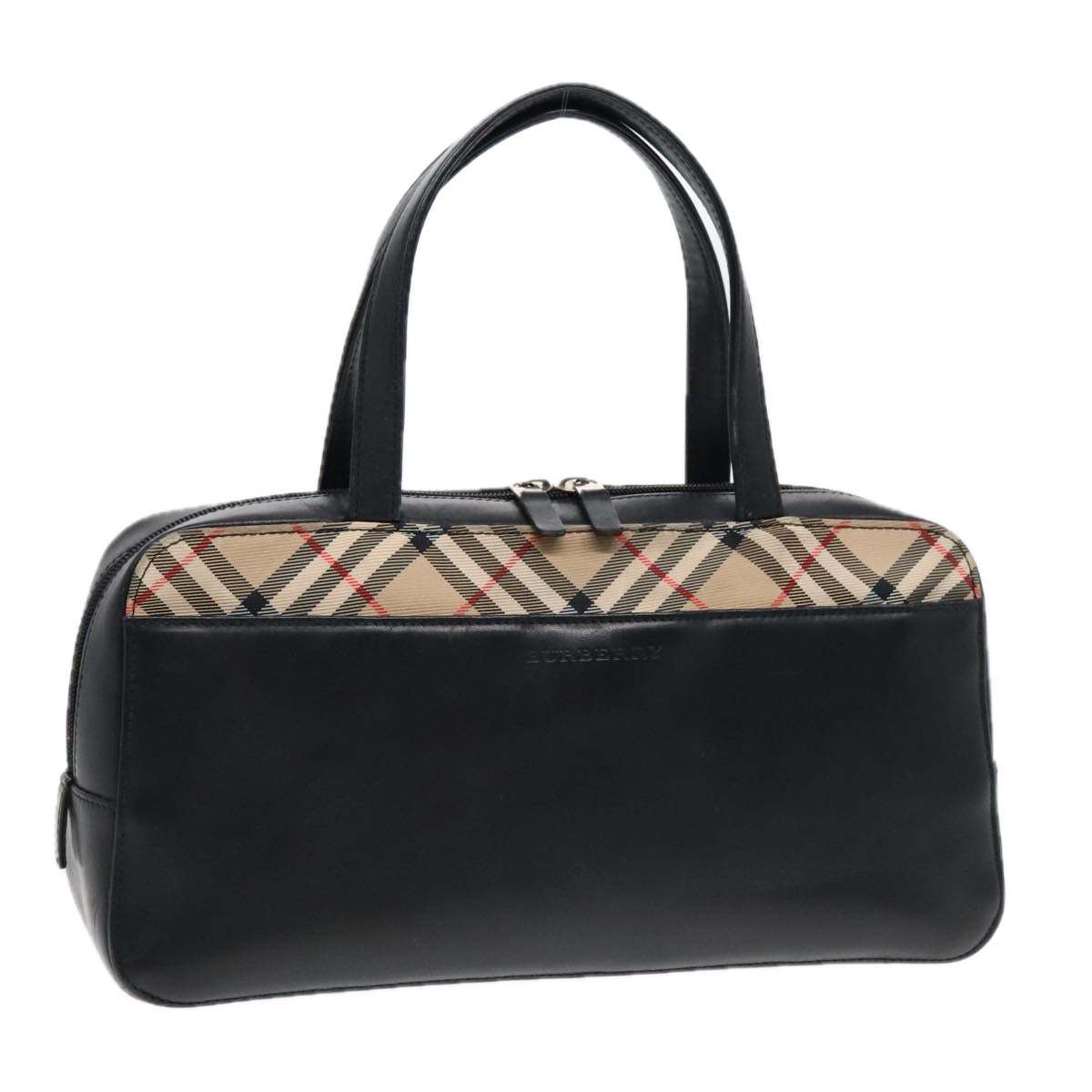 BURBERRY Nova Check Hand Bag Leather nylon Black Silver Auth 91820