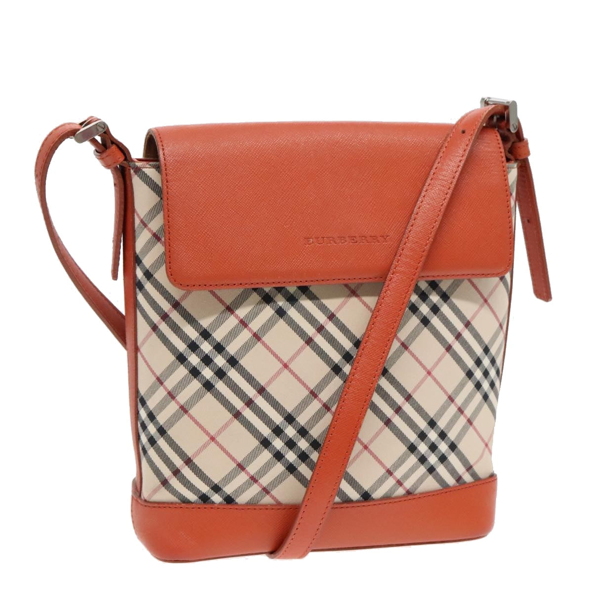 BURBERRY Nova Check Shoulder Bag Canvas Leather Beige Orange Silver Auth 91821