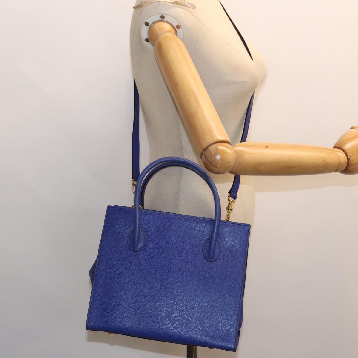 CELINE Shoulder Bag Leather 2way Blue Gold Auth 91831