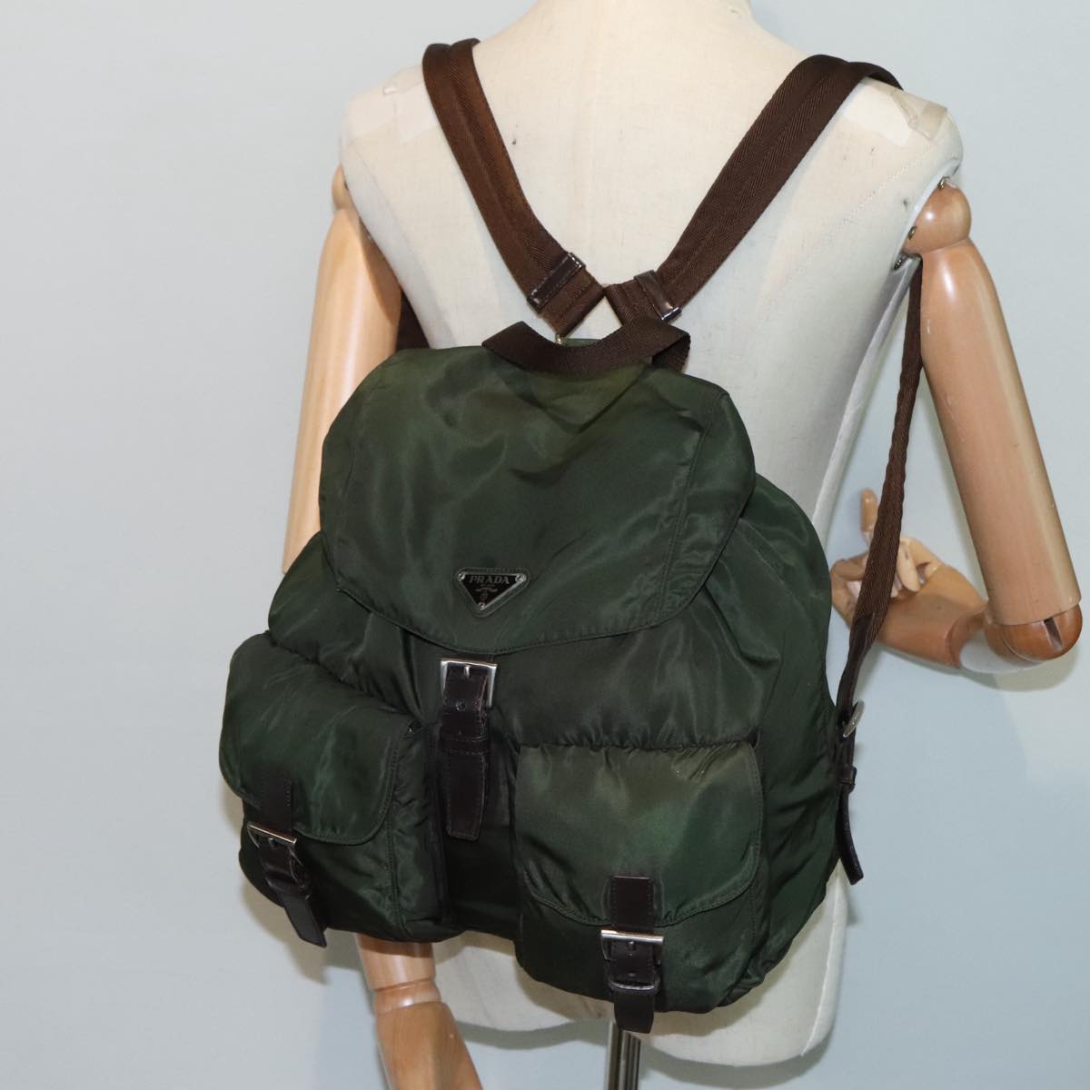 PRADA Backpack Nylon Khaki Brown Silver Auth 91834