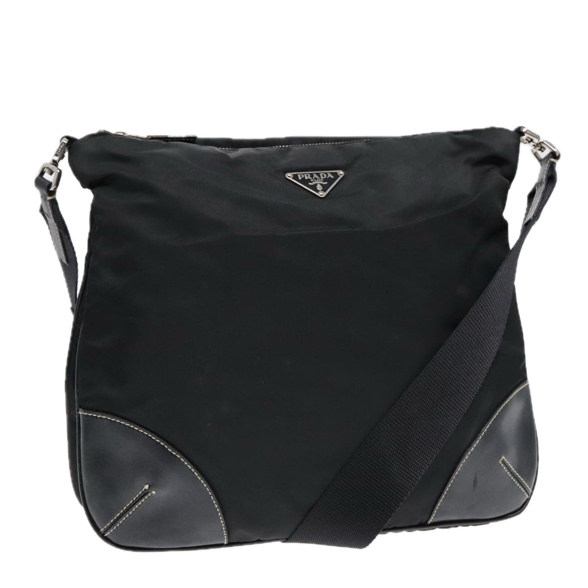 PRADA Shoulder Bag Nylon Leather Black Silver Auth 91835