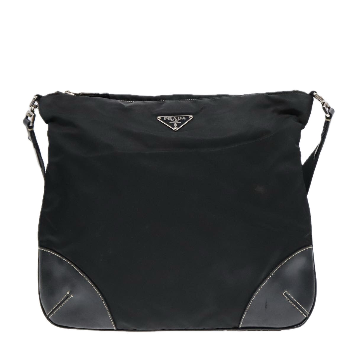 PRADA Shoulder Bag Nylon Leather Black Silver Auth 91835