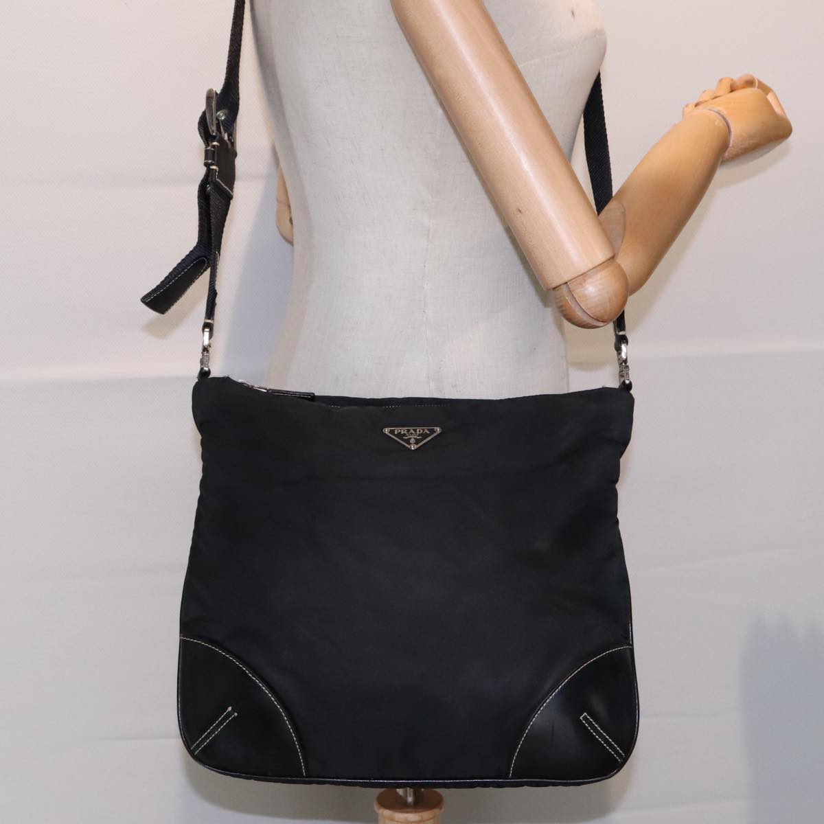 PRADA Shoulder Bag Nylon Leather Black Silver Auth 91835