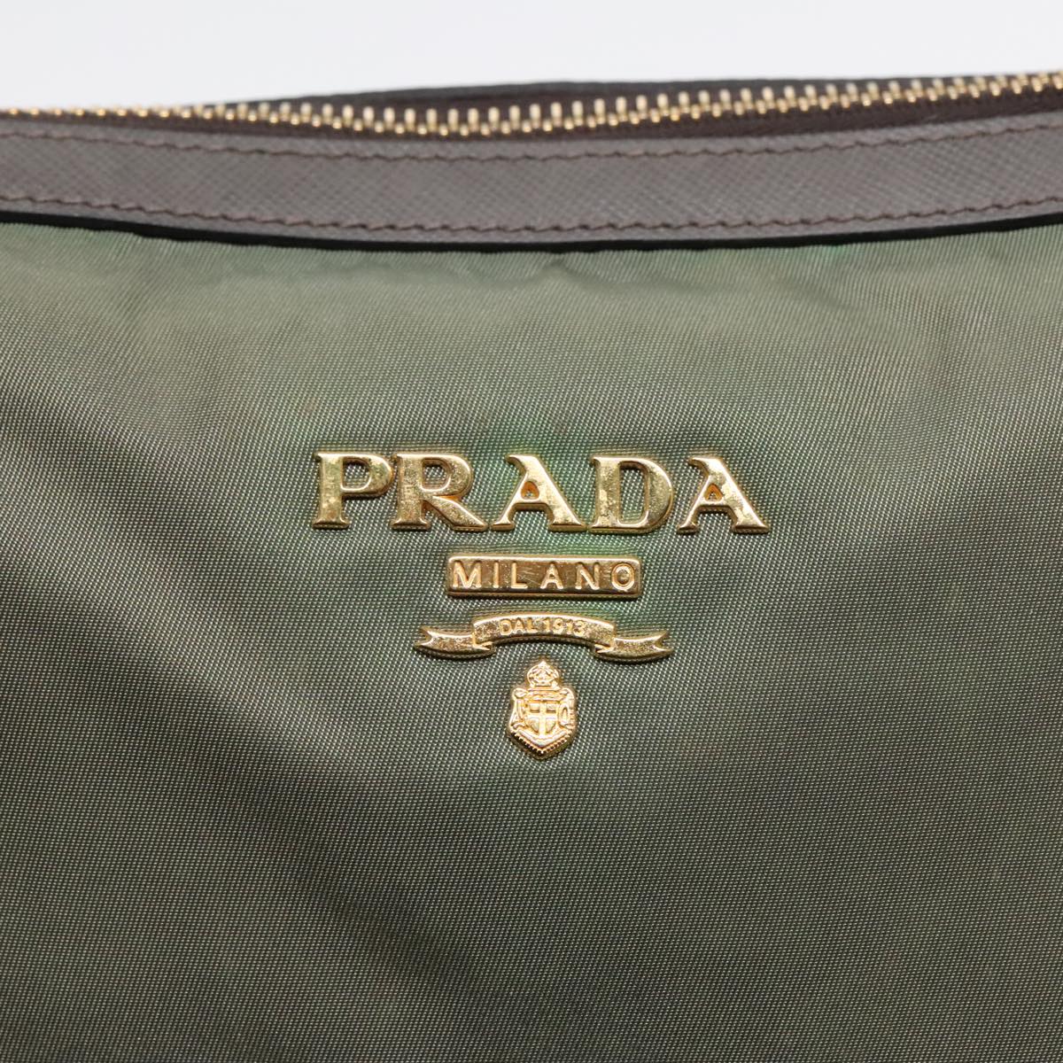 PRADA Tote Bag Nylon Leather Khaki Silver Auth 91836