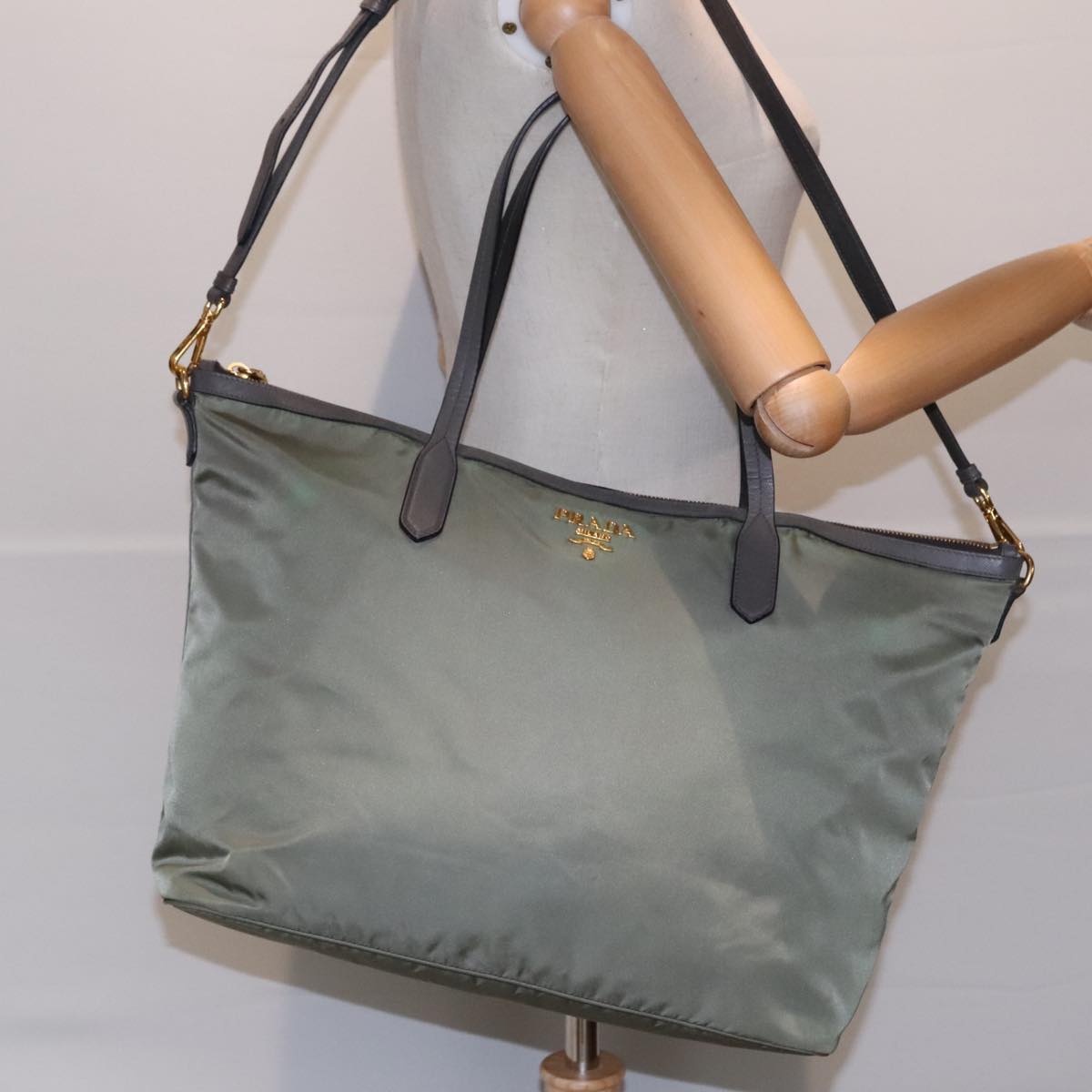 PRADA Tote Bag Nylon Leather Khaki Silver Auth 91836