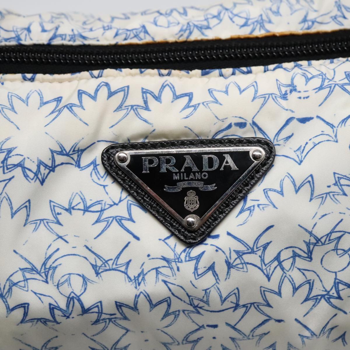 PRADA Tote Bag Nylon Leather White Navy Silver Auth 91837