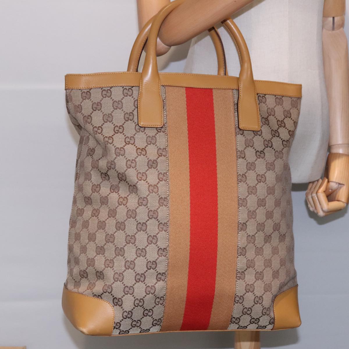 GUCCI GG Canvas Sherry Line Tote Bag Beige Red Silver 002.1093 Auth 91841