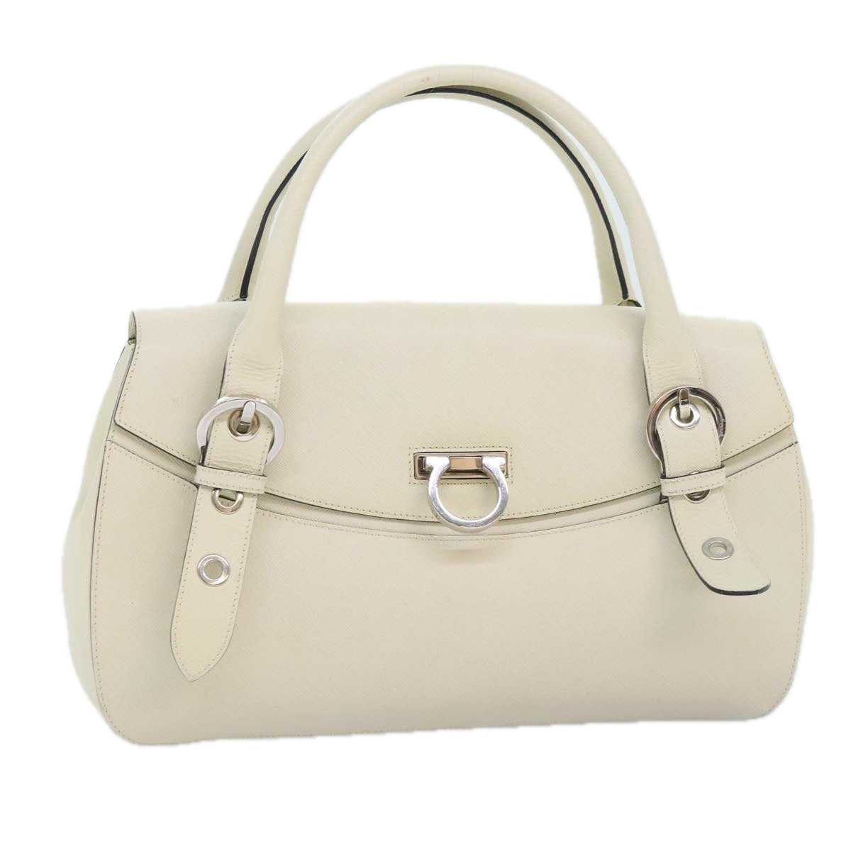 Salvatore Ferragamo Gancini Hand Bag Leather White Silver Auth 91846