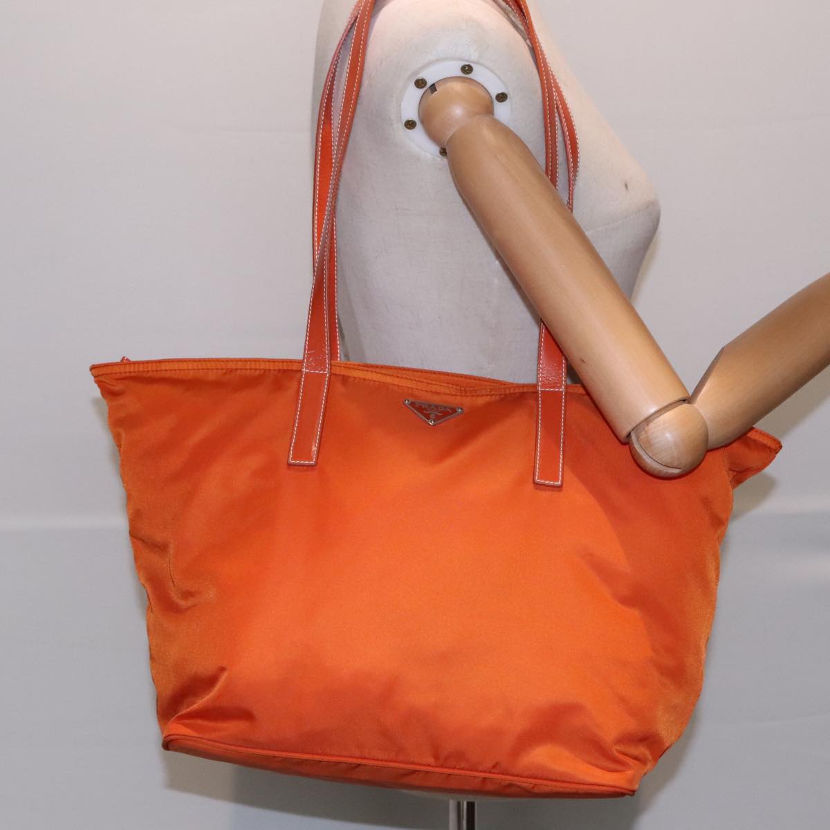 PRADA Tote Bag Nylon Leather Orange Silver Auth 91856