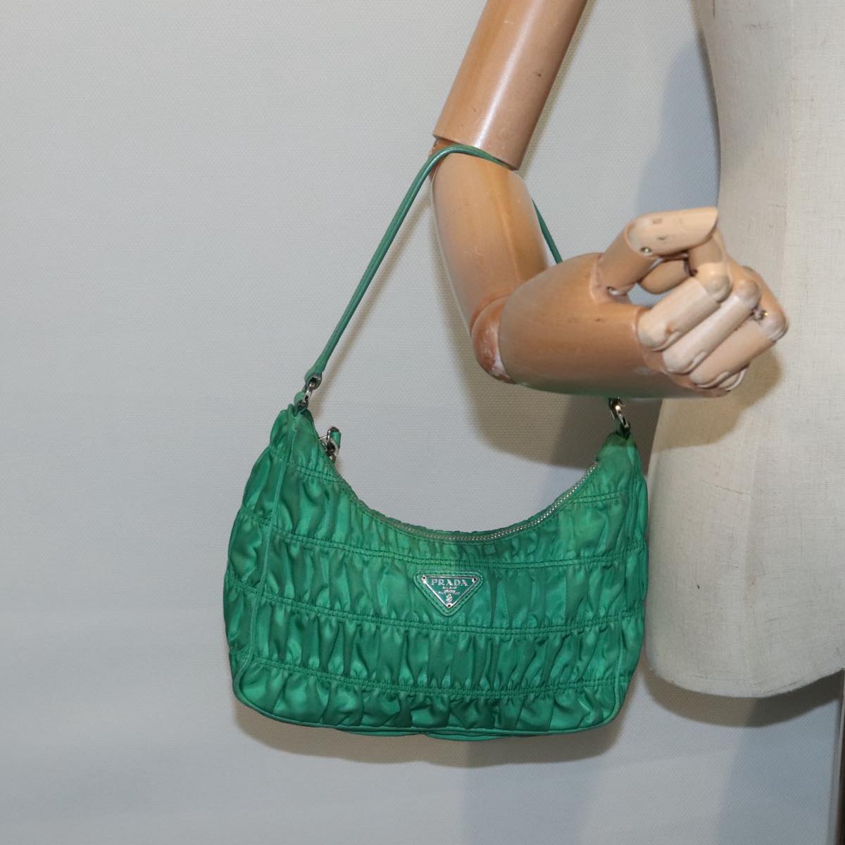 PRADA Accessory Pouch Nylon Green Silver Auth 91870