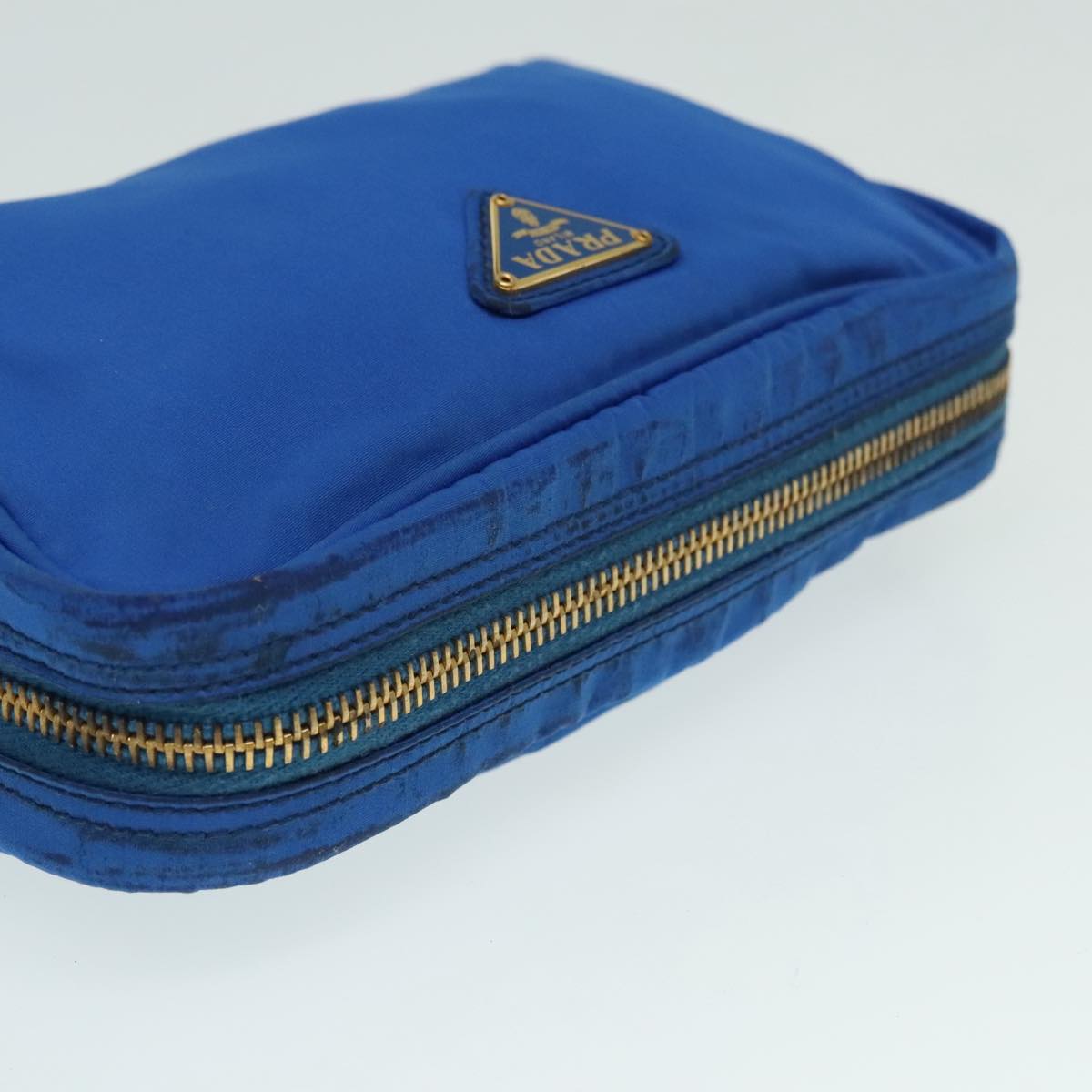 PRADA Pouch Nylon Blue Gold Auth 91930