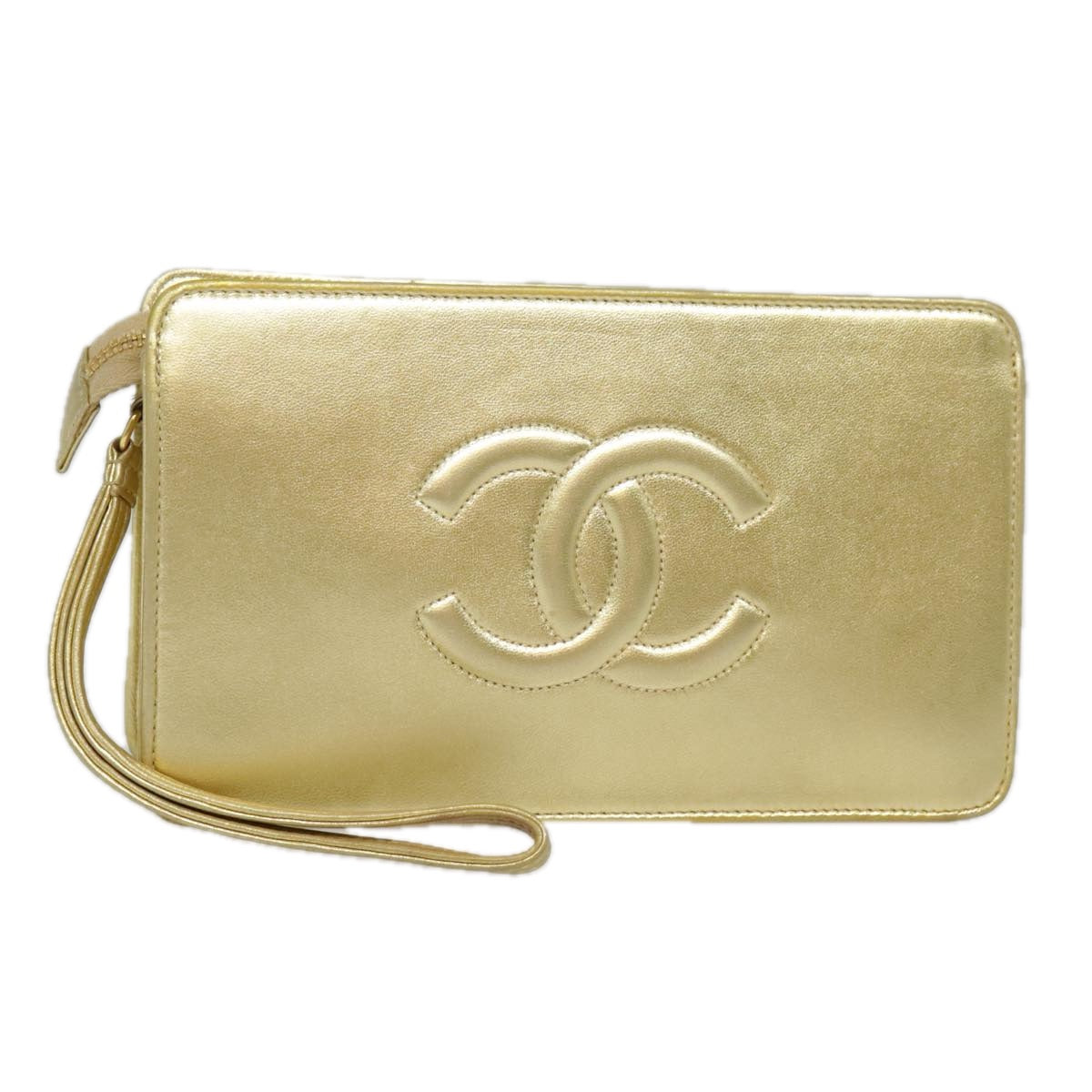 CHANEL Clutch Bag Leather Gold Tone CC Auth 92063