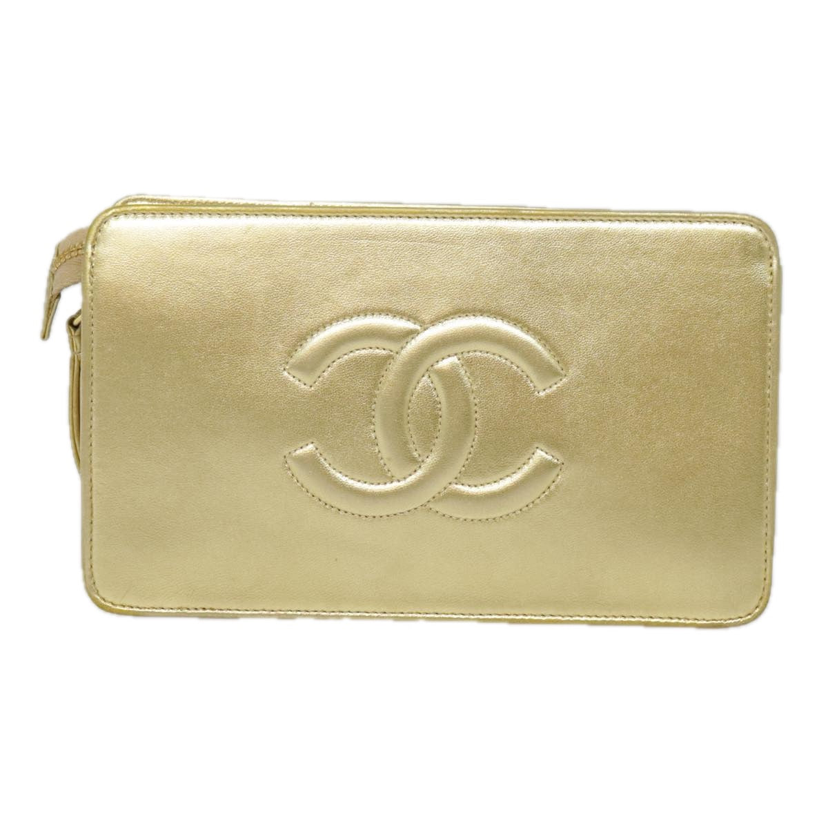 CHANEL Clutch Bag Leather Gold Tone CC Auth 92063