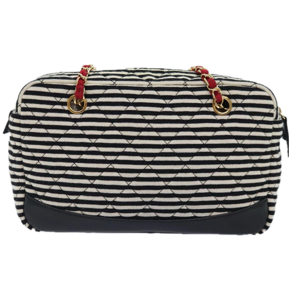 CHANEL Matelasse Chain Shoulder Bag Cotton Black White CC Auth 92066SM