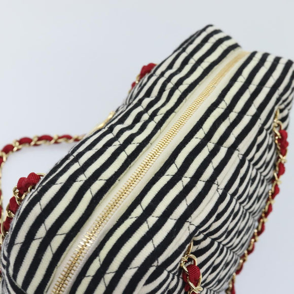 CHANEL Matelasse Chain Shoulder Bag Cotton Black White CC Auth 92066SM
