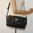 Salvatore Ferragamo Gancini Chain Shoulder Bag Leather Black Gold Auth 92072AV-26