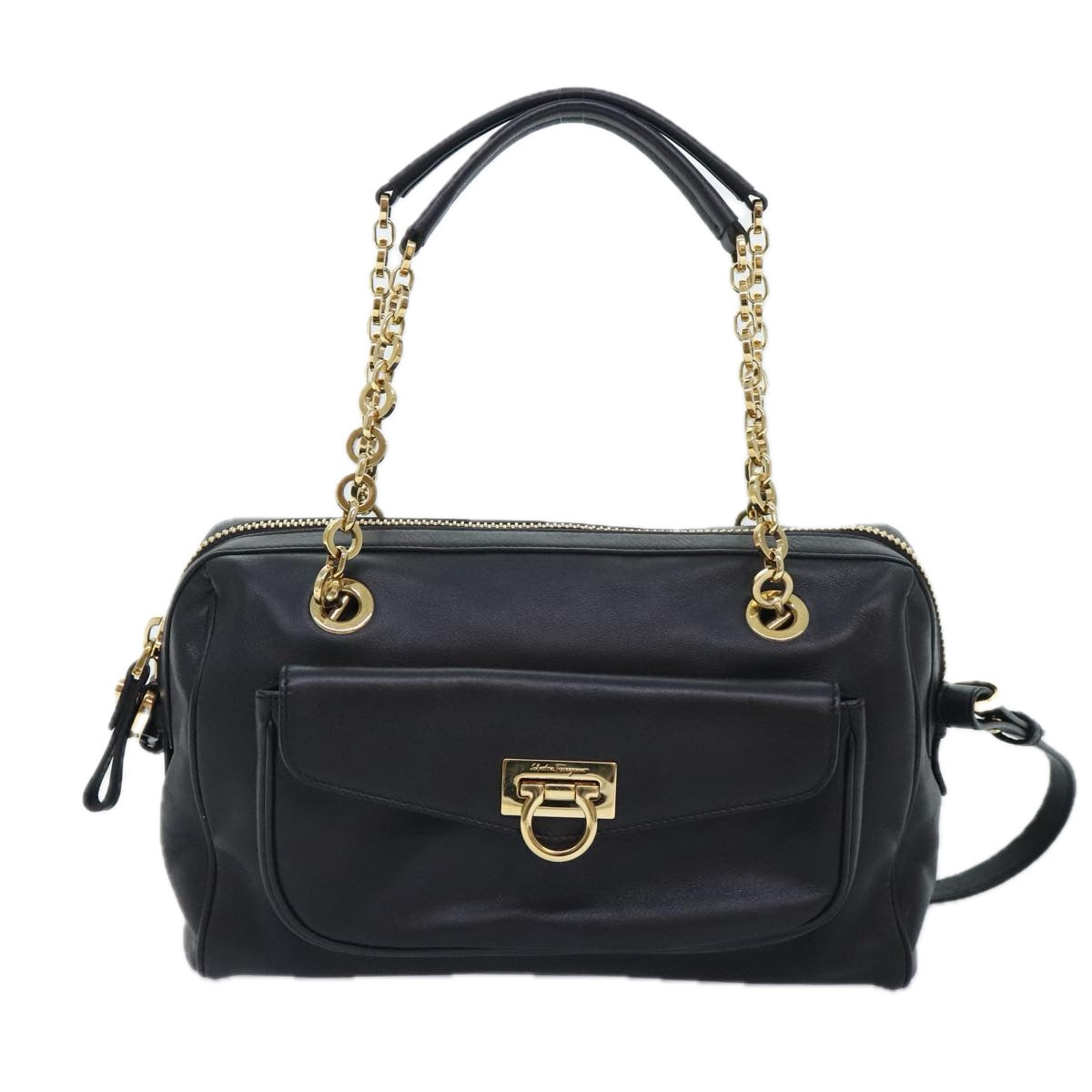 Salvatore Ferragamo Gancini Chain Shoulder Bag Leather Black Gold Auth 92072A