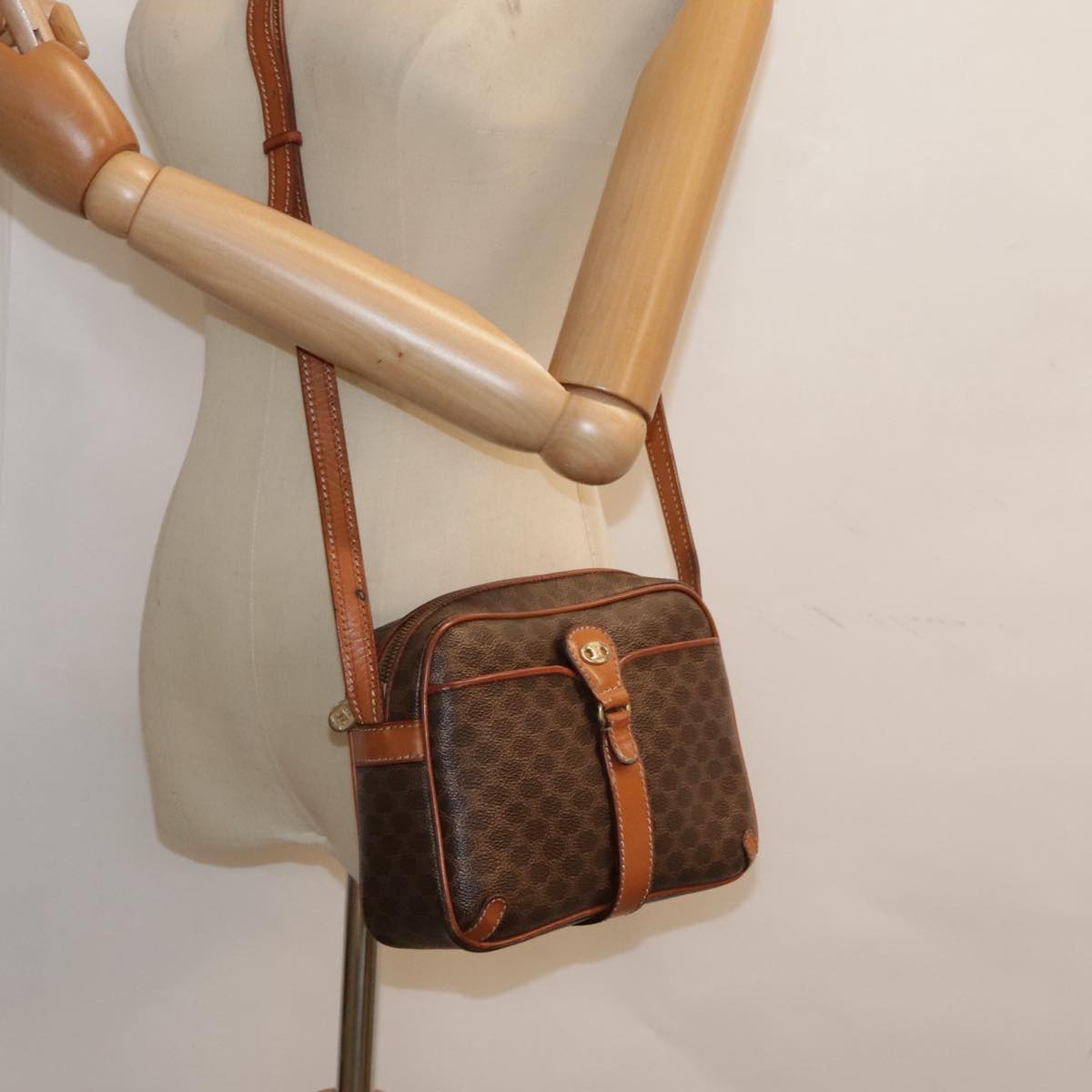 CELINE Macadam Canvas Shoulder Bag PVC Leather Brown Gold Auth 92074