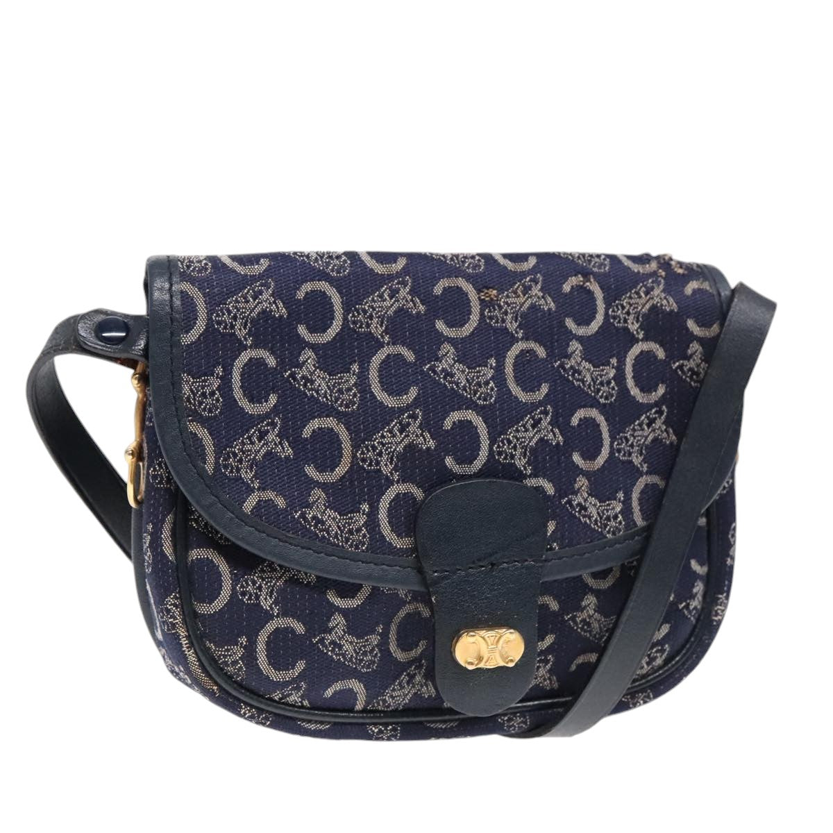 CELINE C Sulky Shoulder Bag Canvas Navy Gold Auth 92075