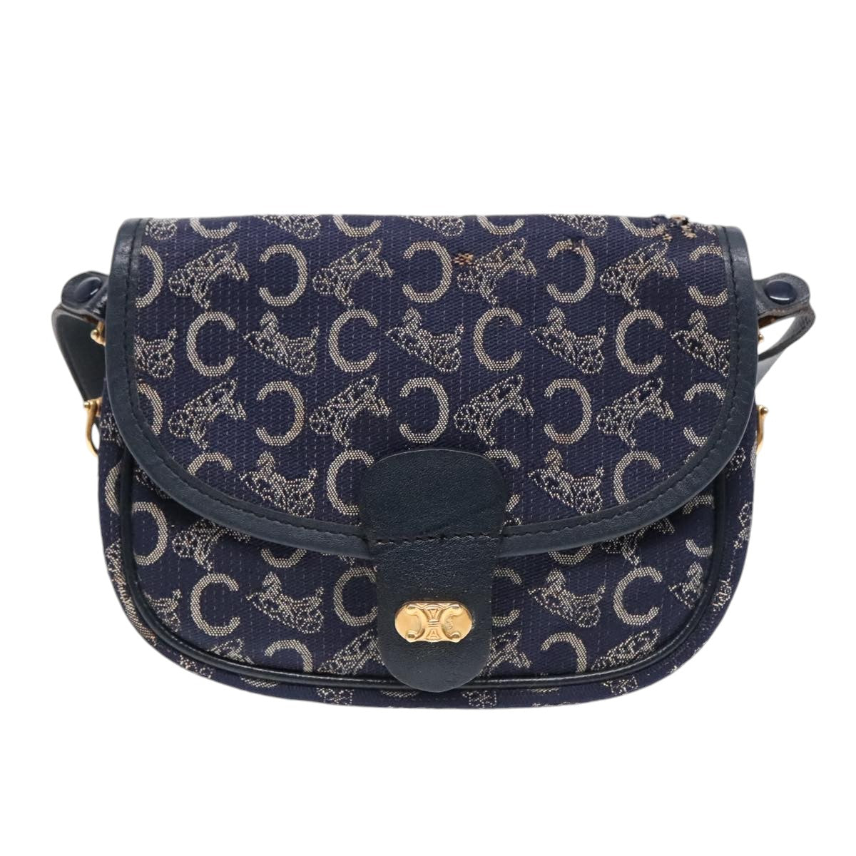 CELINE C Sulky Shoulder Bag Canvas Navy Gold Auth 92075