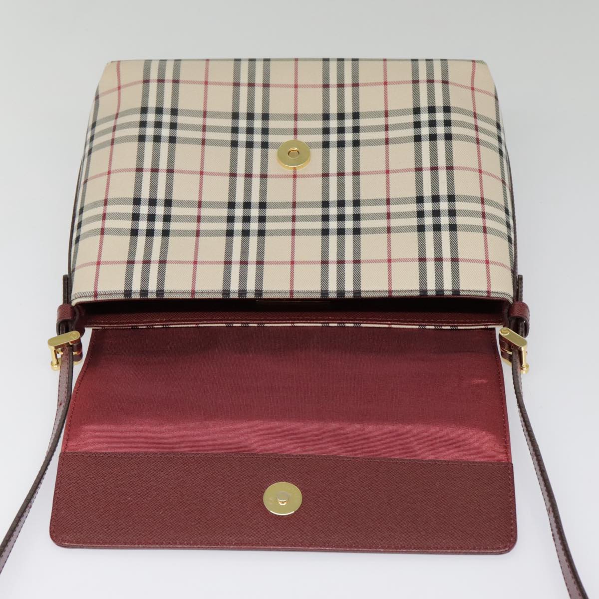 BURBERRY Nova Check Shoulder Bag Canvas Leather Beige Wine Red gold Auth 92083