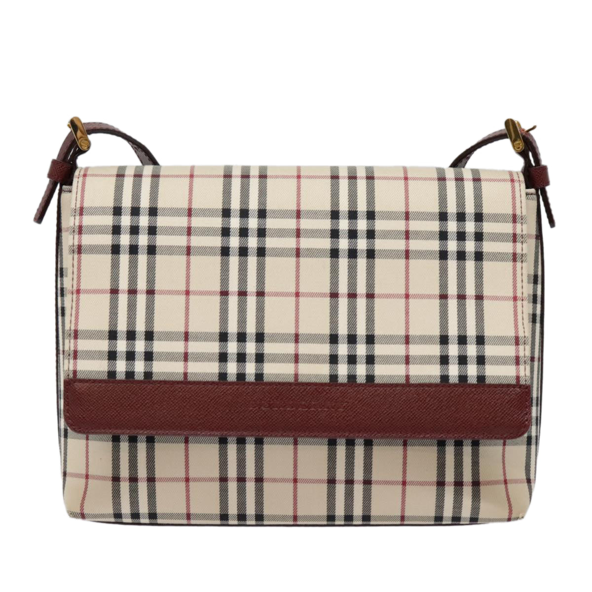 BURBERRY Nova Check Shoulder Bag Canvas Leather Beige Wine Red gold Auth 92083 - 0