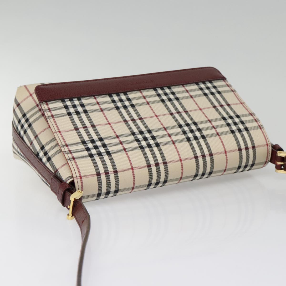 BURBERRY Nova Check Shoulder Bag Canvas Leather Beige Wine Red gold Auth 92083