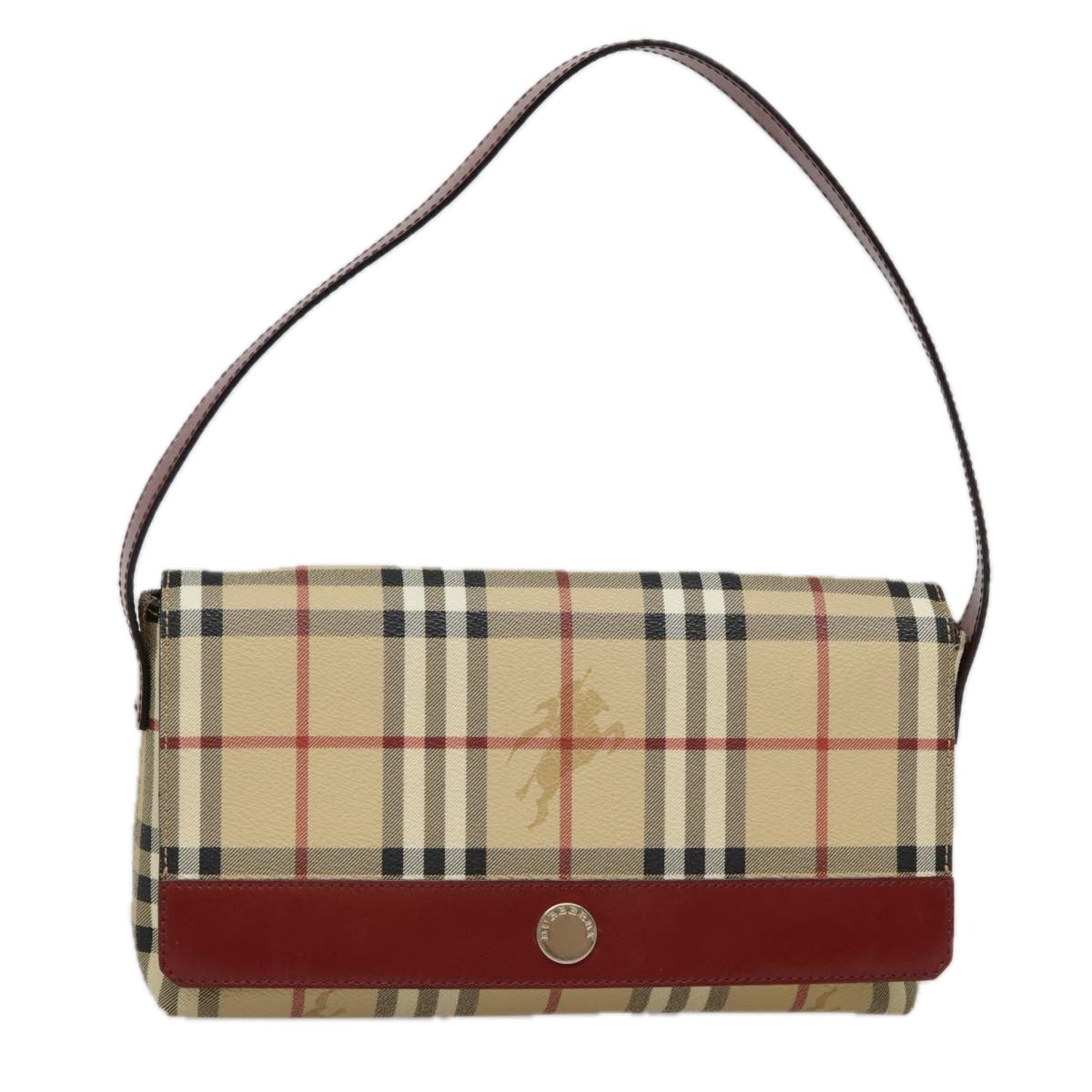 BURBERRY Nova Check Shoulder Bag PVC Leather Silver Beige Red Auth 92084