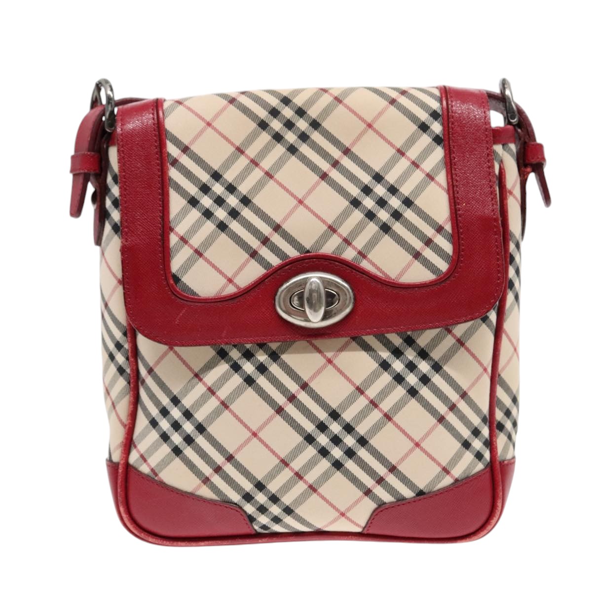 BURBERRY Nova Check Shoulder Bag Canvas Red Beige Silver Auth 92086 - 0