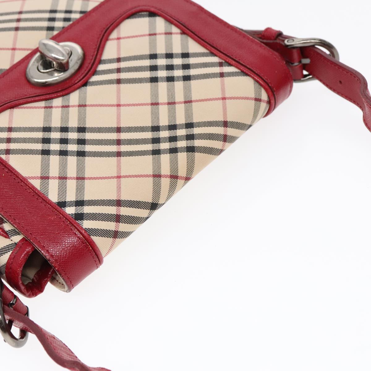 BURBERRY Nova Check Shoulder Bag Canvas Red Beige Silver Auth 92086